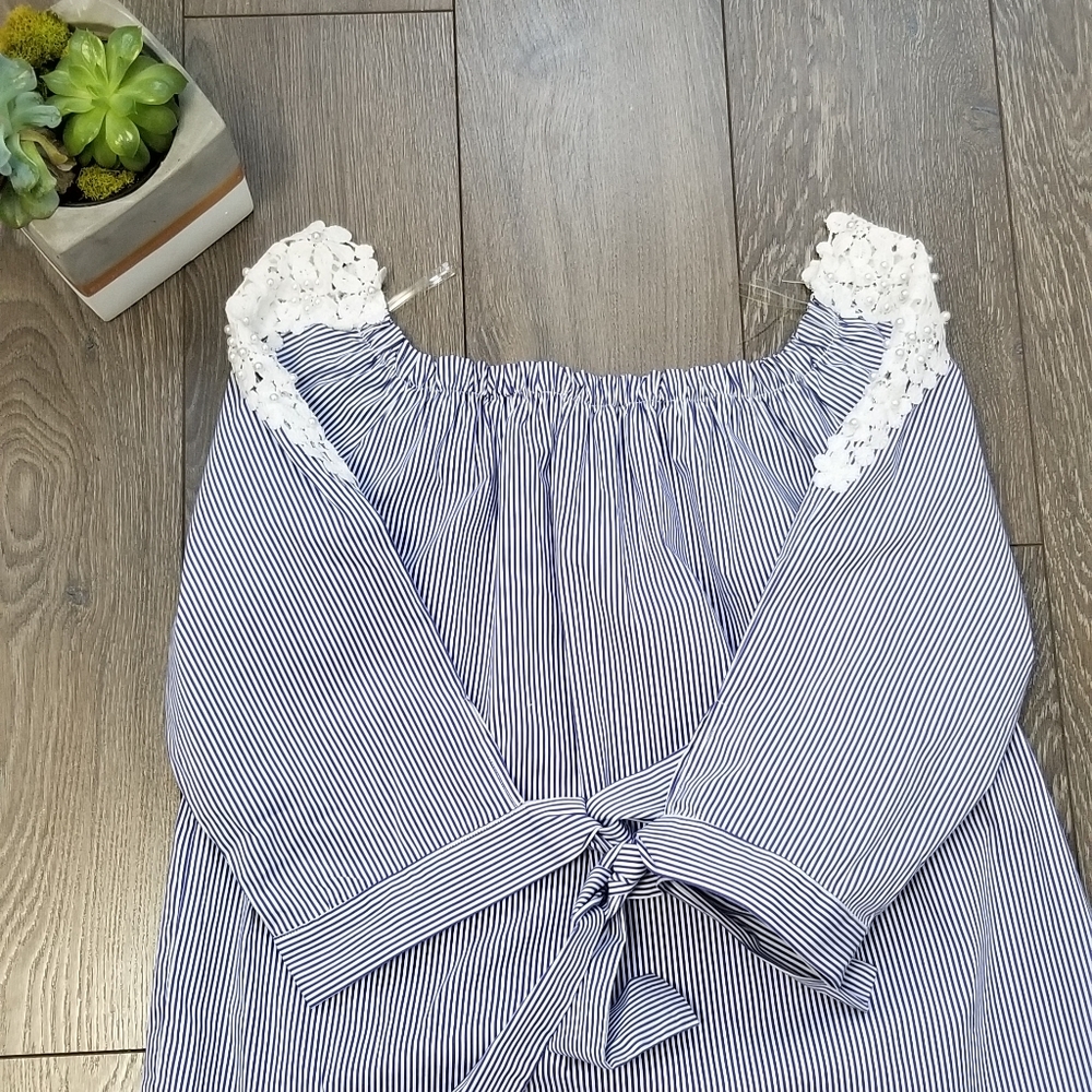 Frank Lyman Off The Shoulder Stripped Top with Pearl Beading Details Size L
